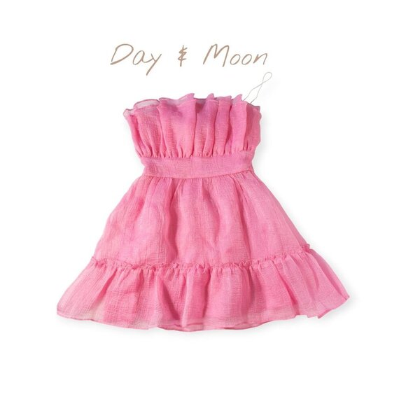 Day & Moon Pink Ruffled Strapless Dress SZ S Barbie Coquette - Picture 1 of 9